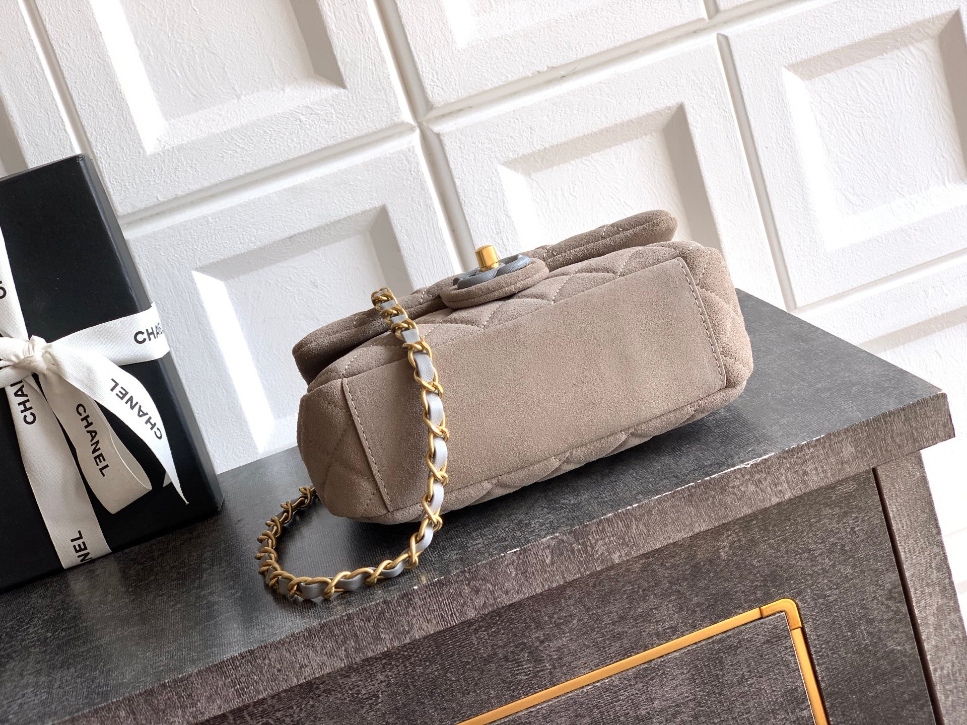 Chanel 26C Classic Flap Bag Gray Suede with Matte Gold Hardware (Small 20cm)