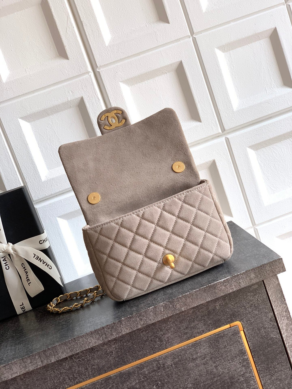 Chanel 26C Classic Flap Bag Gray Suede with Matte Gold Hardware (Small 20cm)