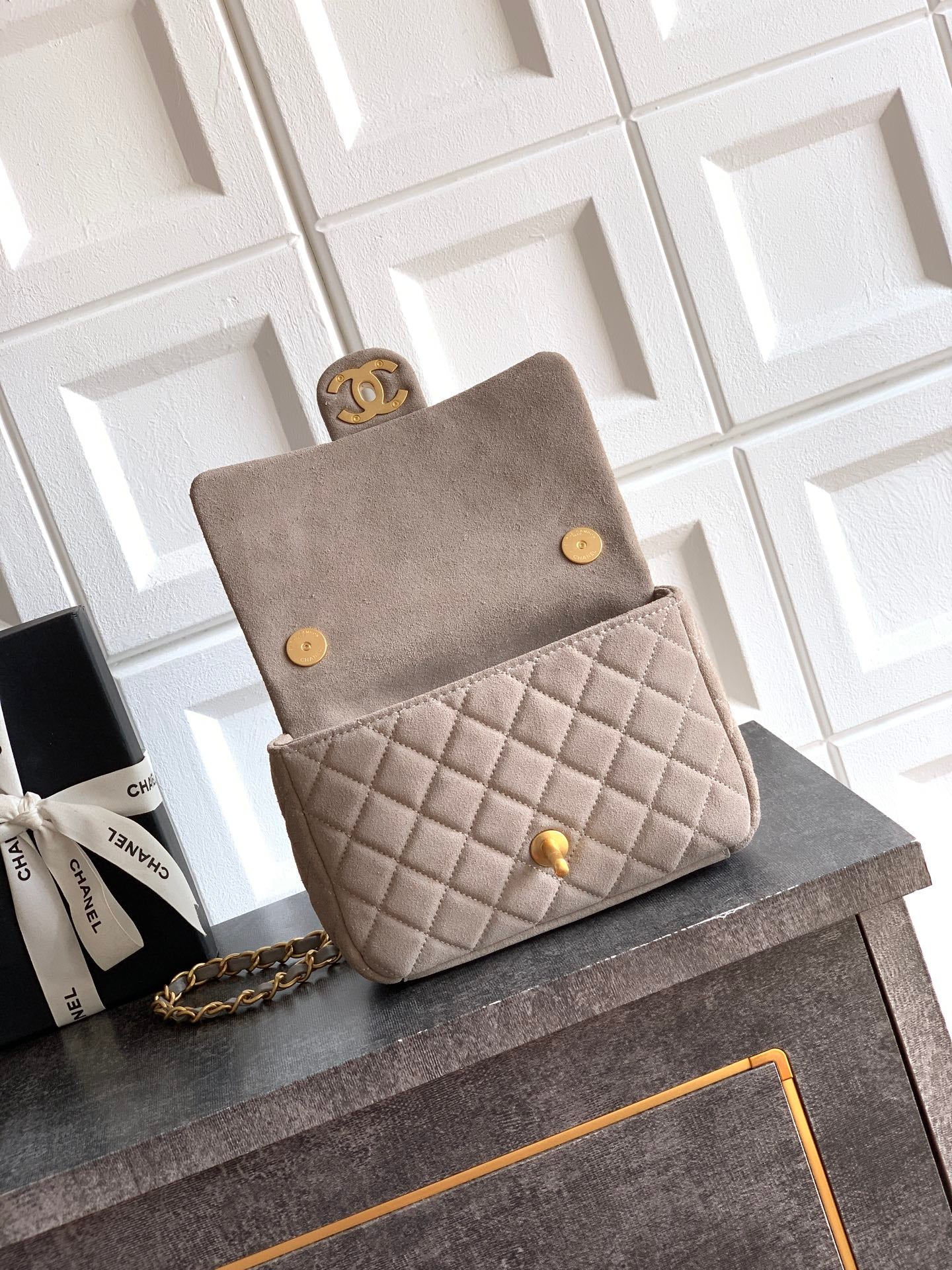 Chanel 26C Classic Flap Bag Gray Suede with Matte Gold Hardware (Small 20cm)