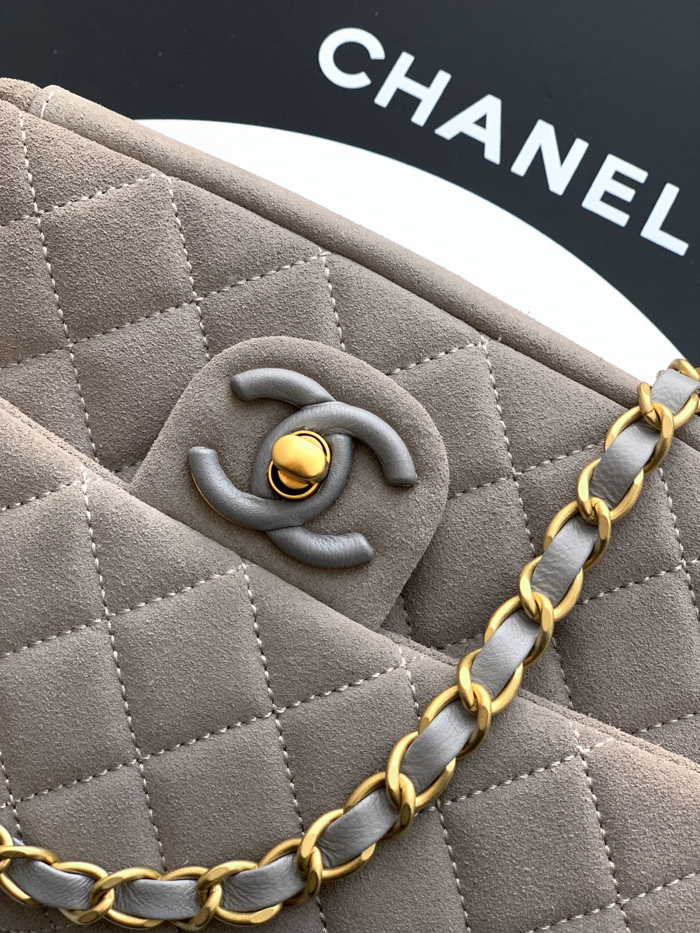 Chanel 26C Classic Flap Bag Gray Suede with Matte Gold Hardware (Small 20cm)