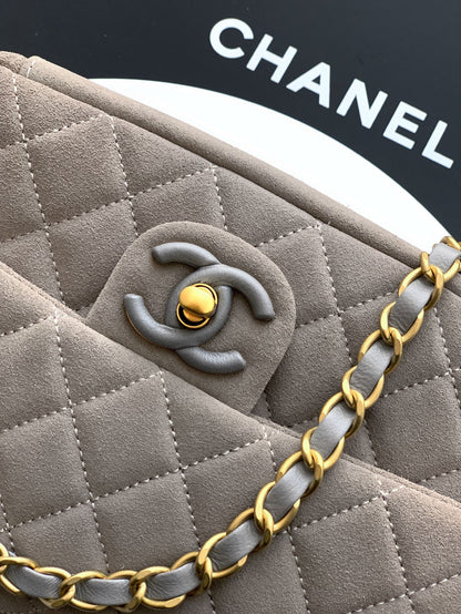 Chanel 26C Classic Flap Bag Gray Suede with Matte Gold Hardware (Small 20cm)