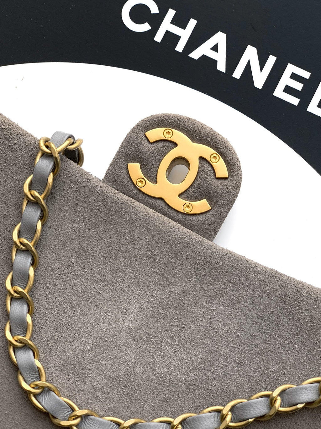 Chanel 26C Classic Flap Bag Gray Suede with Matte Gold Hardware (Small 20cm)
