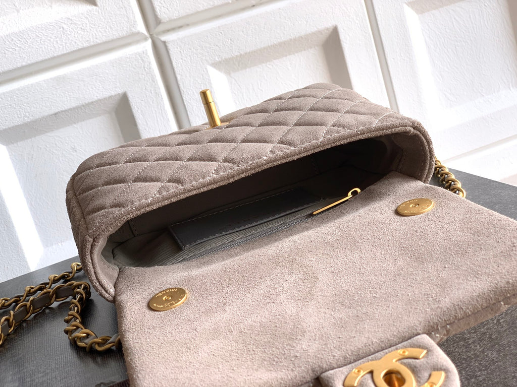 Chanel 26C Classic Flap Bag Gray Suede with Matte Gold Hardware (Small 20cm)