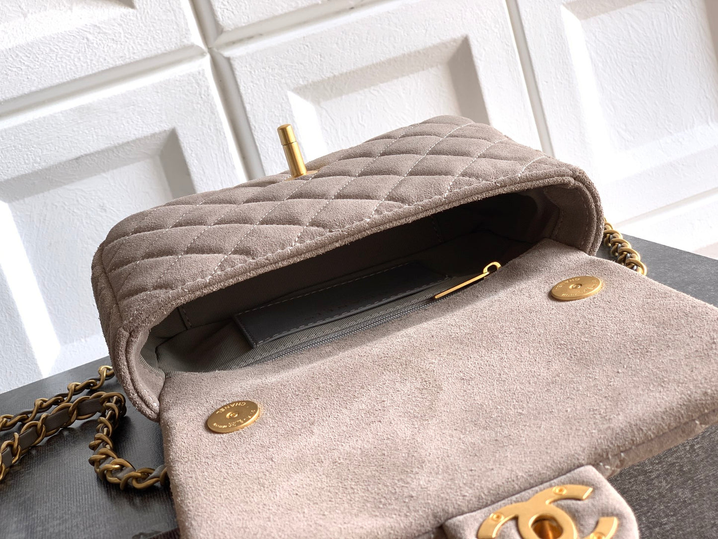 Chanel 26C Classic Flap Bag Gray Suede with Matte Gold Hardware (Small 20cm)
