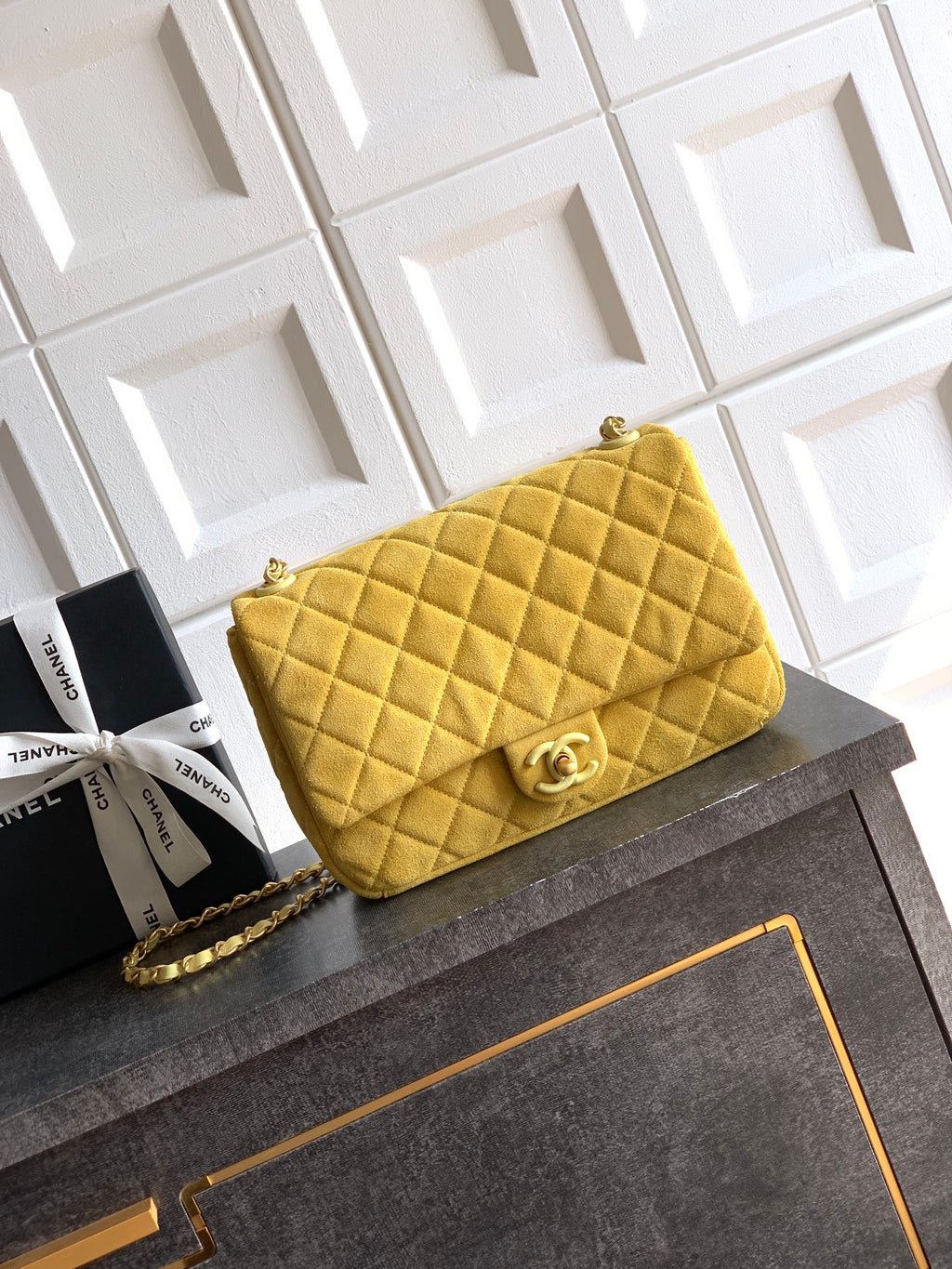 Chanel 26C Classic Flap Bag Pastel Yellow Suede with Matte Gold Hardware (Large 26cm)