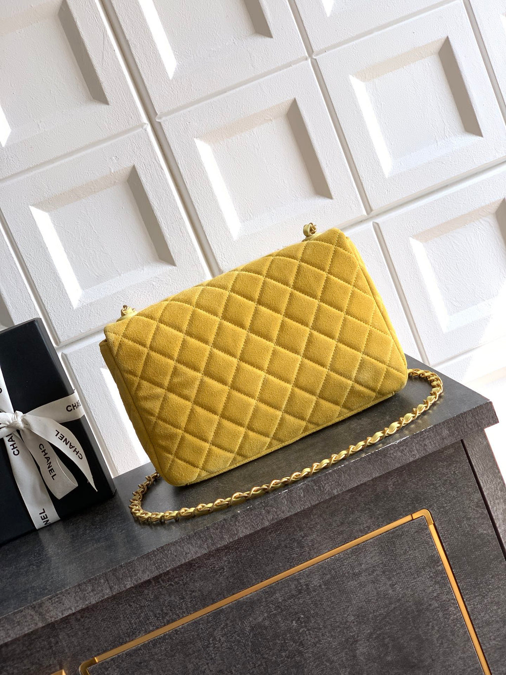 Chanel 26C Classic Flap Bag Pastel Yellow Suede with Matte Gold Hardware (Large 26cm)