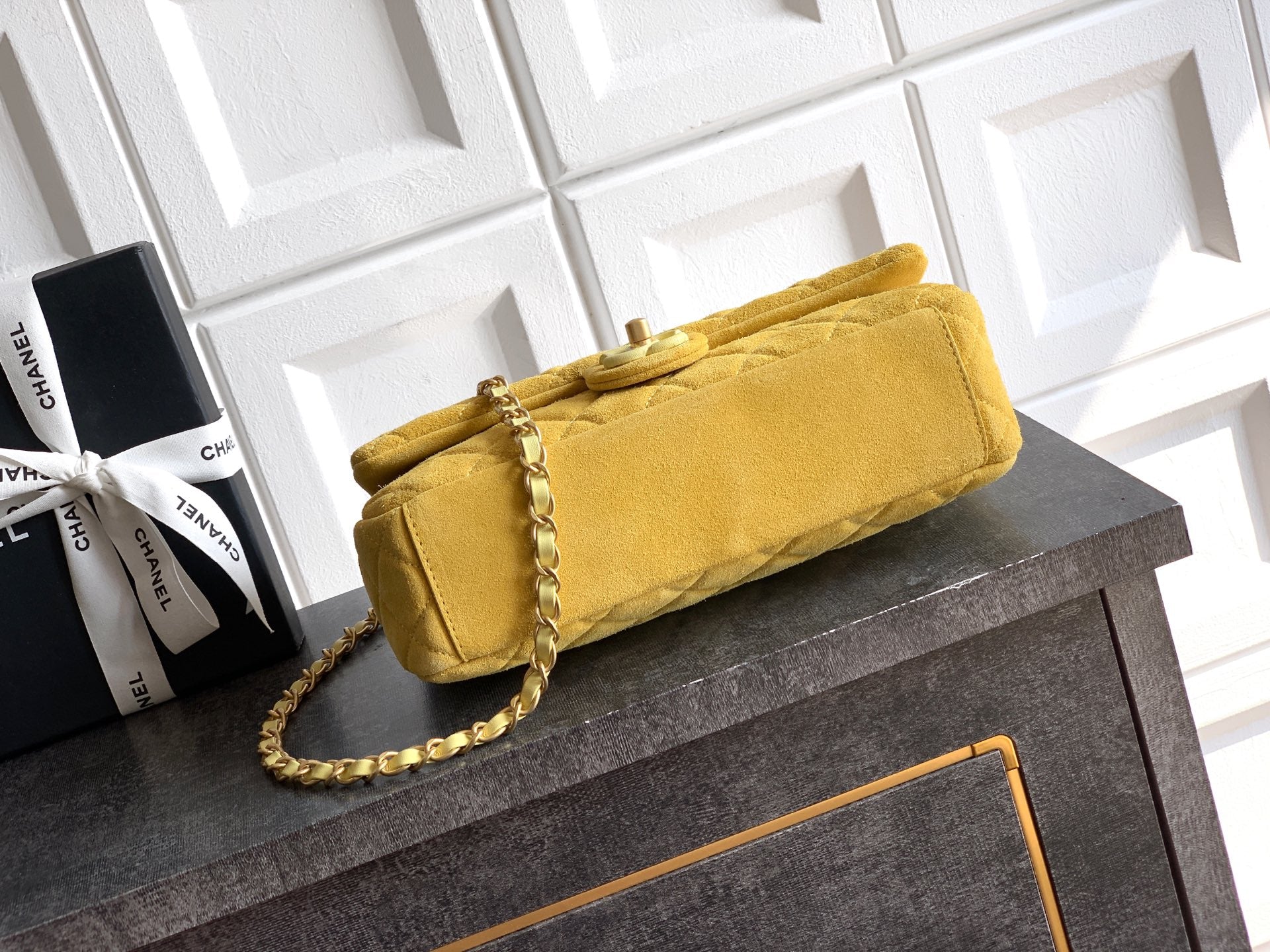 Chanel 26C Classic Flap Bag Pastel Yellow Suede with Matte Gold Hardware (Large 26cm)