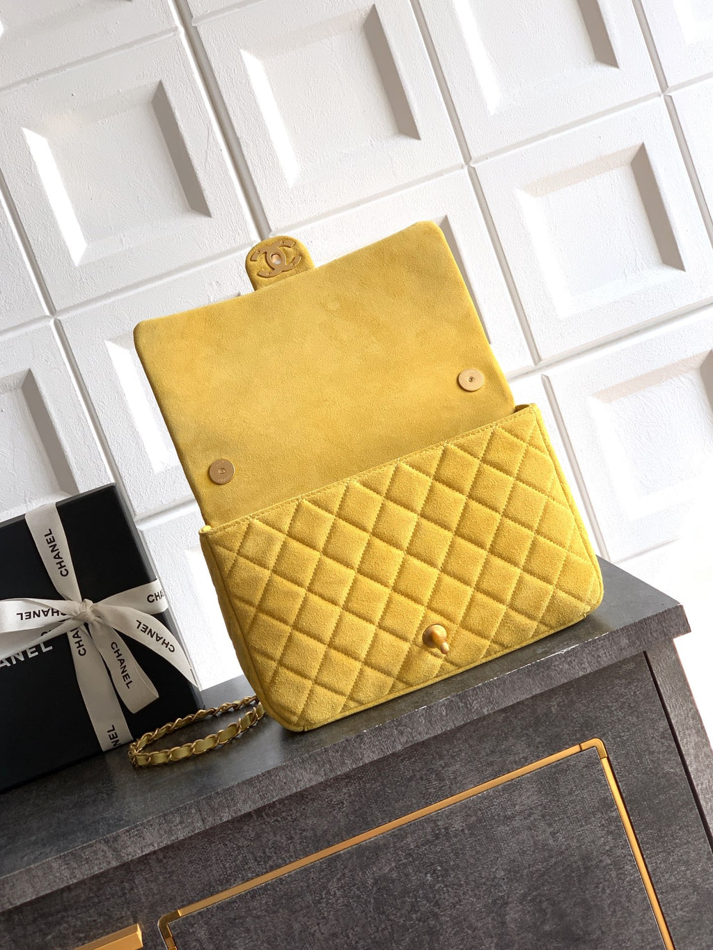 Chanel 26C Classic Flap Bag Pastel Yellow Suede with Matte Gold Hardware (Large 26cm)