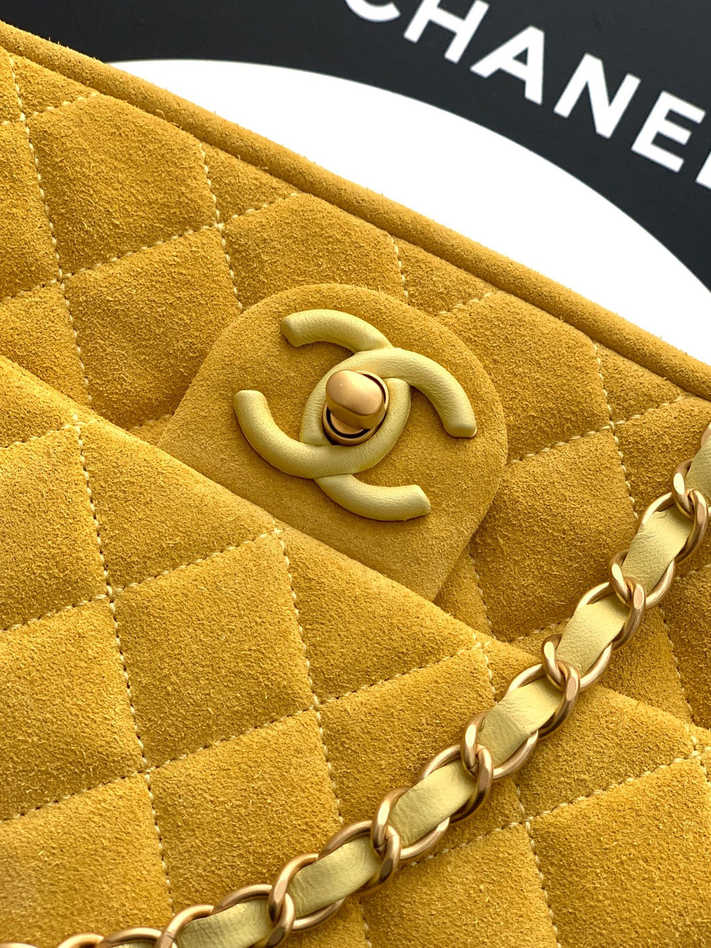 Chanel 26C Classic Flap Bag Pastel Yellow Suede with Matte Gold Hardware (Large 26cm)