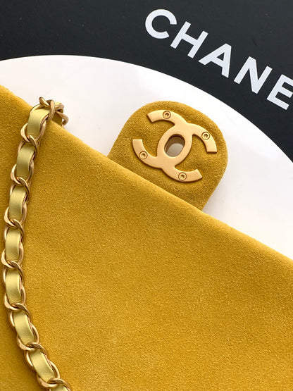 Chanel 26C Classic Flap Bag Pastel Yellow Suede with Matte Gold Hardware (Large 26cm)