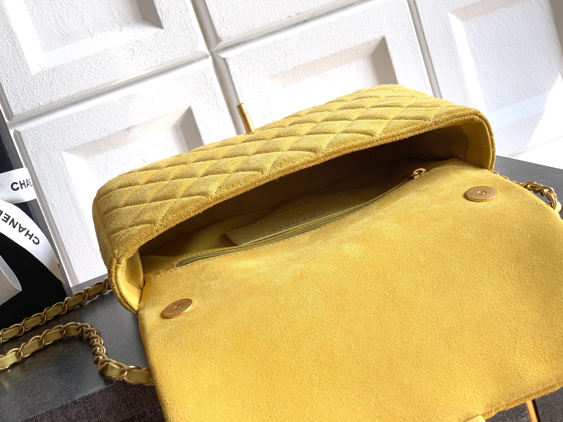 Chanel 26C Classic Flap Bag Pastel Yellow Suede with Matte Gold Hardware (Large 26cm)