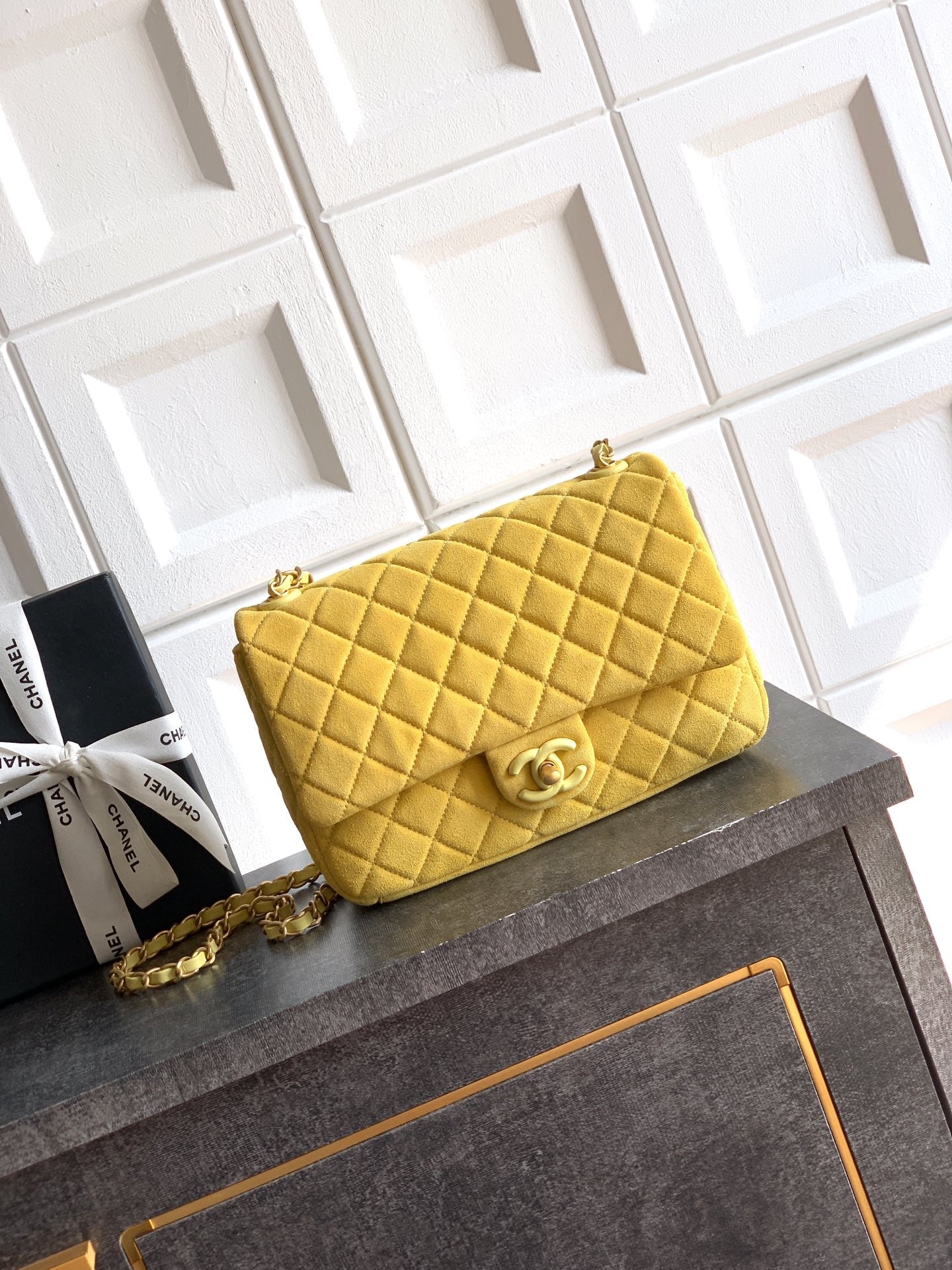 Chanel 26C Classic Flap Bag Pastel Yellow Suede with Matte Gold Hardware (Medium 24cm)
