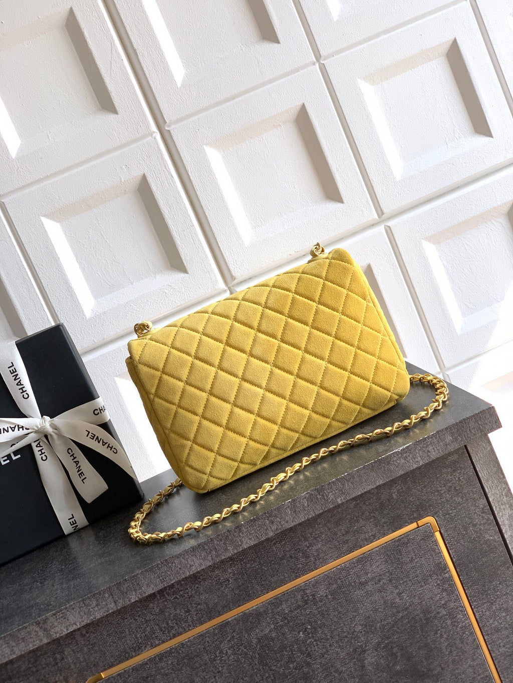 Chanel 26C Classic Flap Bag Pastel Yellow Suede with Matte Gold Hardware (Medium 24cm)