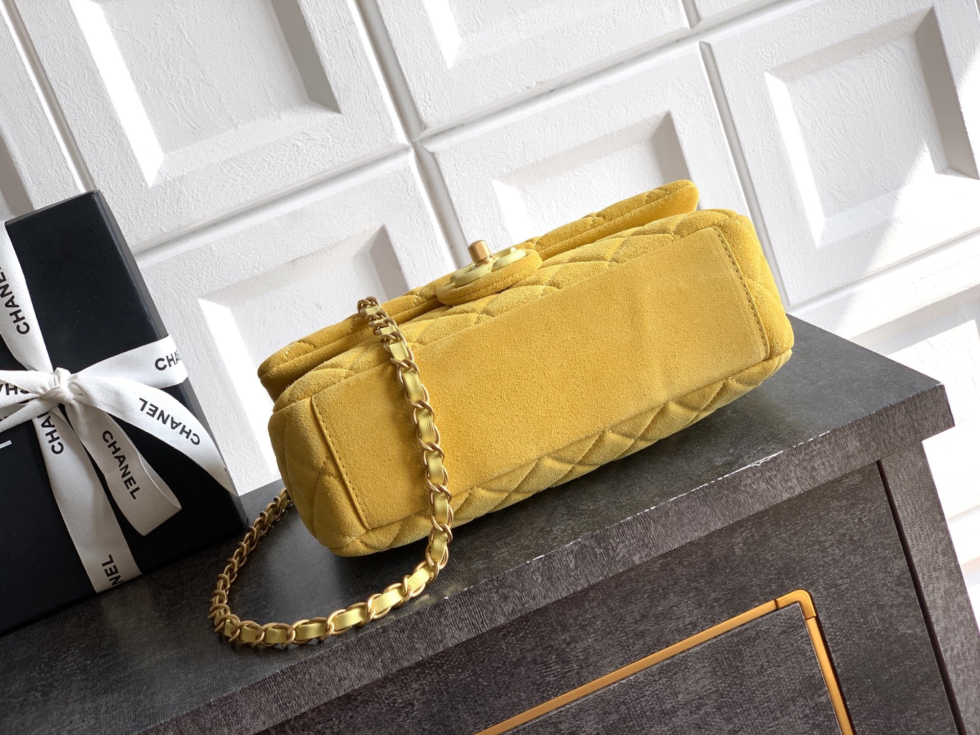Chanel 26C Classic Flap Bag Pastel Yellow Suede with Matte Gold Hardware (Medium 24cm)