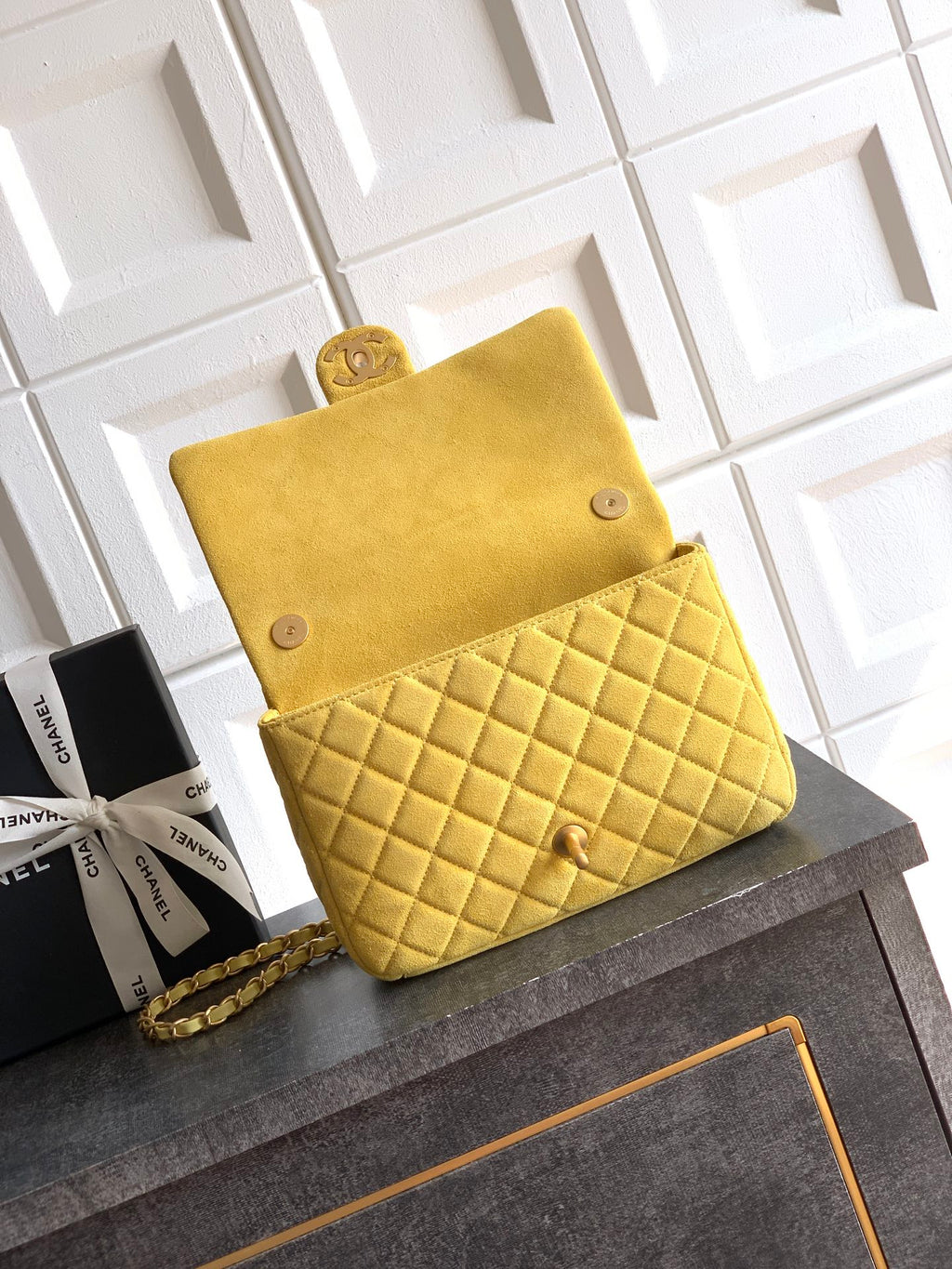 Chanel 26C Classic Flap Bag Pastel Yellow Suede with Matte Gold Hardware (Medium 24cm)
