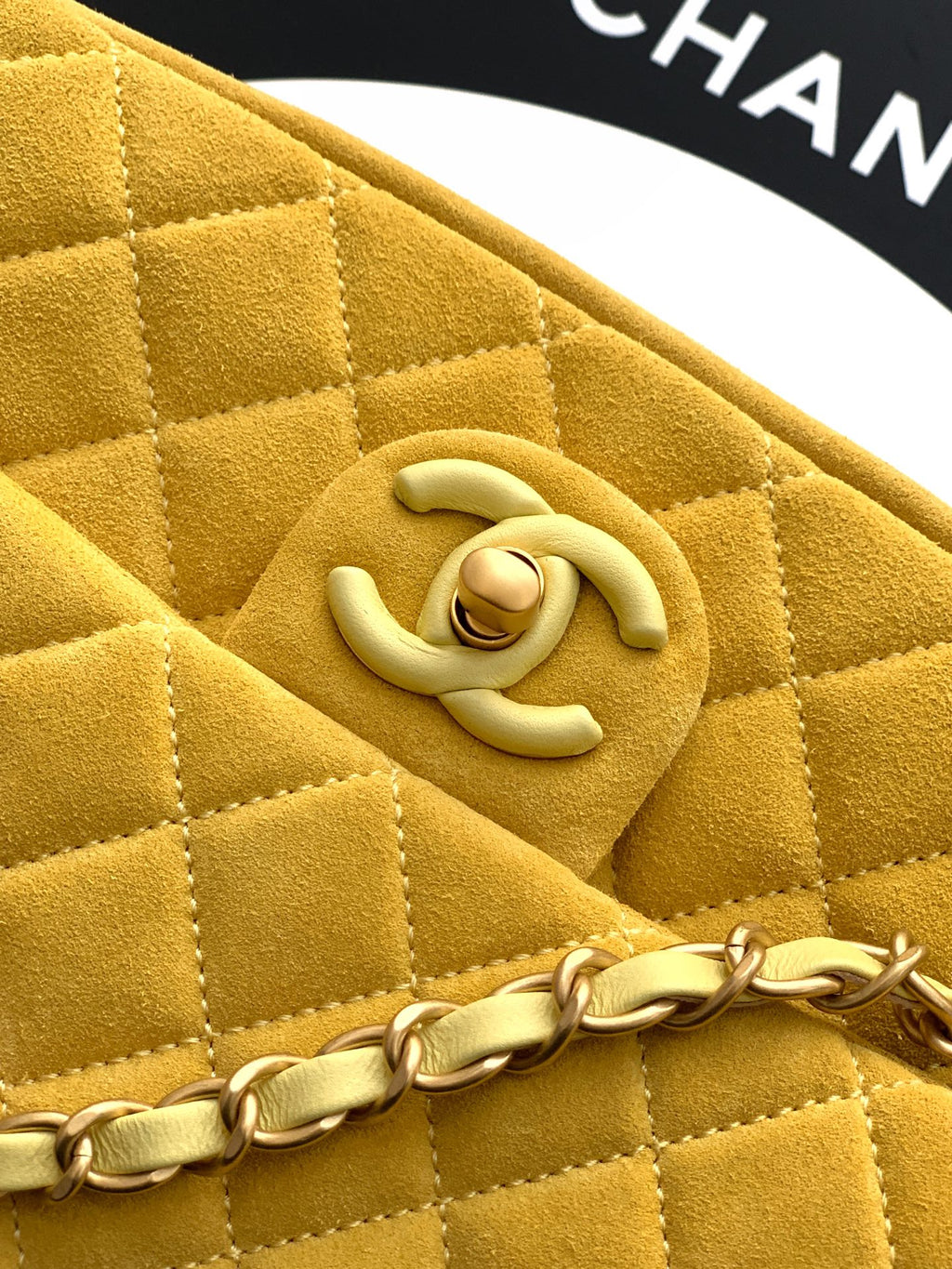 Chanel 26C Classic Flap Bag Pastel Yellow Suede with Matte Gold Hardware (Medium 24cm)