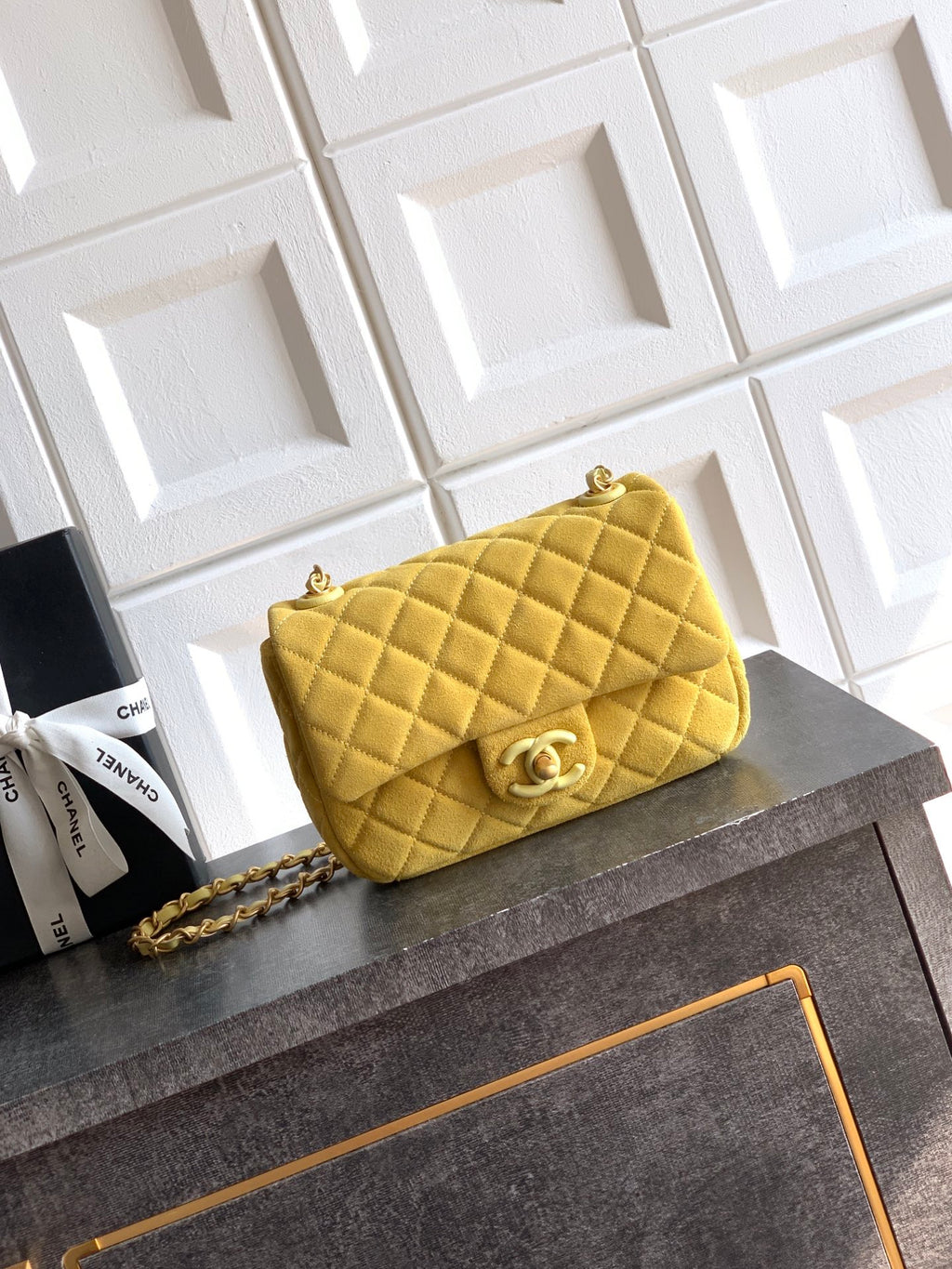 Chanel 26C Classic Flap Bag Pastel Yellow Suede with Matte Gold Hardware (Small 20cm)