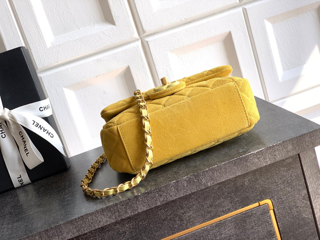 Chanel 26C Classic Flap Bag Pastel Yellow Suede with Matte Gold Hardware (Small 20cm)
