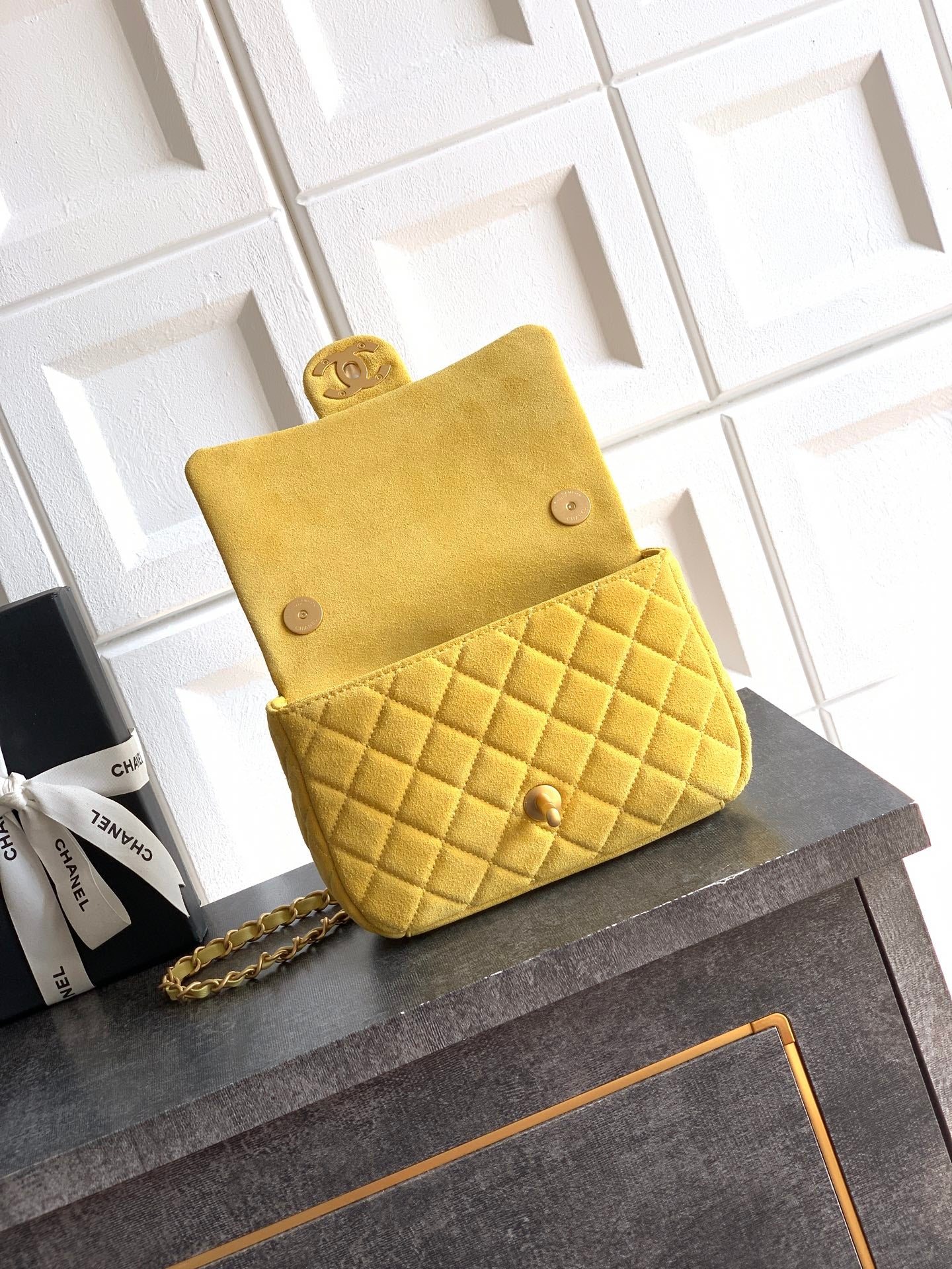 Chanel 26C Classic Flap Bag Pastel Yellow Suede with Matte Gold Hardware (Small 20cm)
