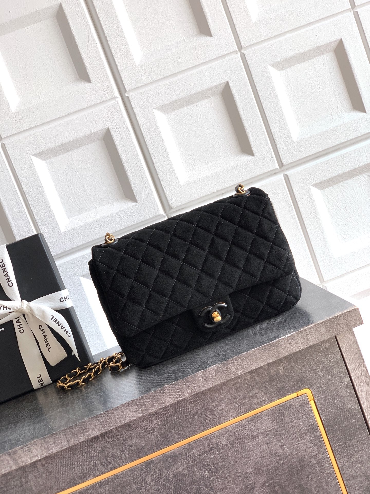 Chanel 26C Classic Flap Bag Black Suede with Matte Gold Hardware (Medium 24cm)