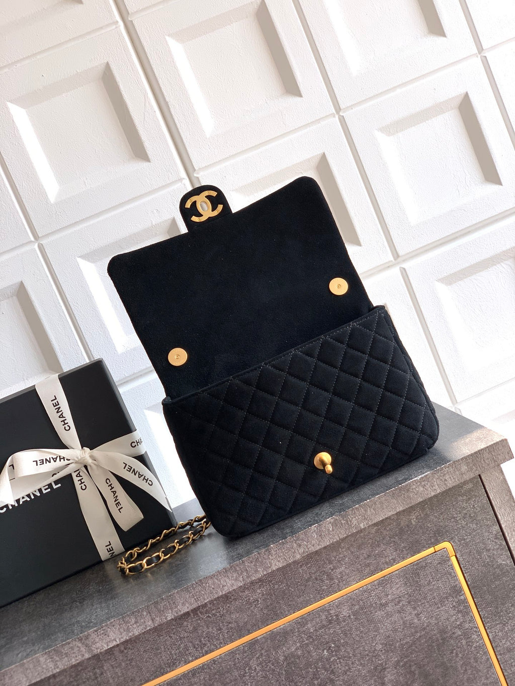 Chanel 26C Classic Flap Bag Black Suede with Matte Gold Hardware (Medium 24cm)
