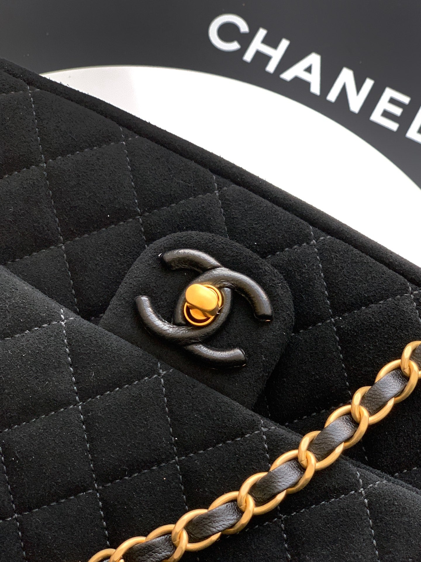 Chanel 26C Classic Flap Bag Black Suede with Matte Gold Hardware (Medium 24cm)