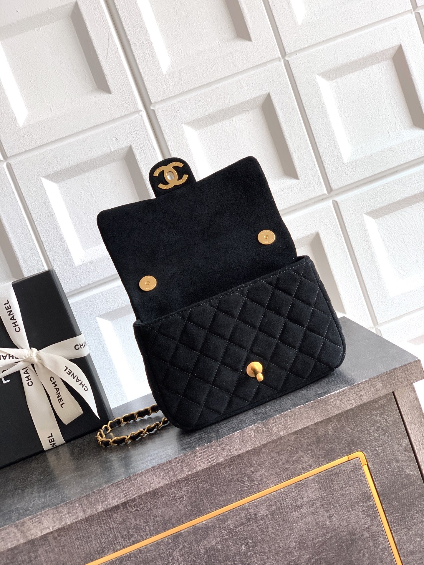 Chanel 26C Classic Flap Bag Black Suede with Matte Gold Hardware (Small 20cm)