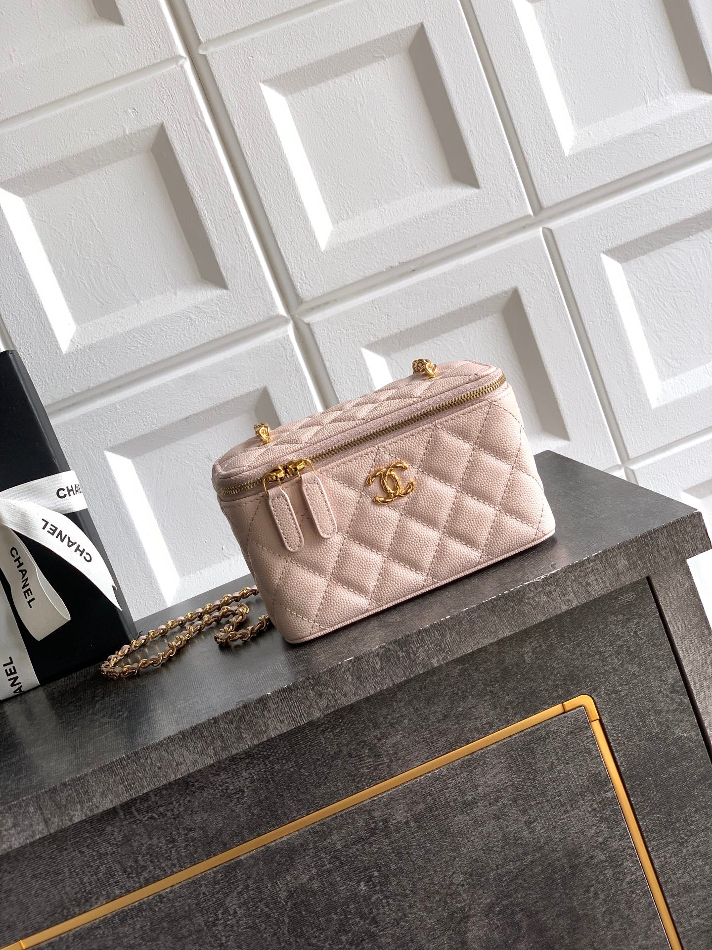 Chanel 26C Cruise Vanity Case with Chain - Quilted Pink Leather Bag (9.5 x 17 x 8 cm)