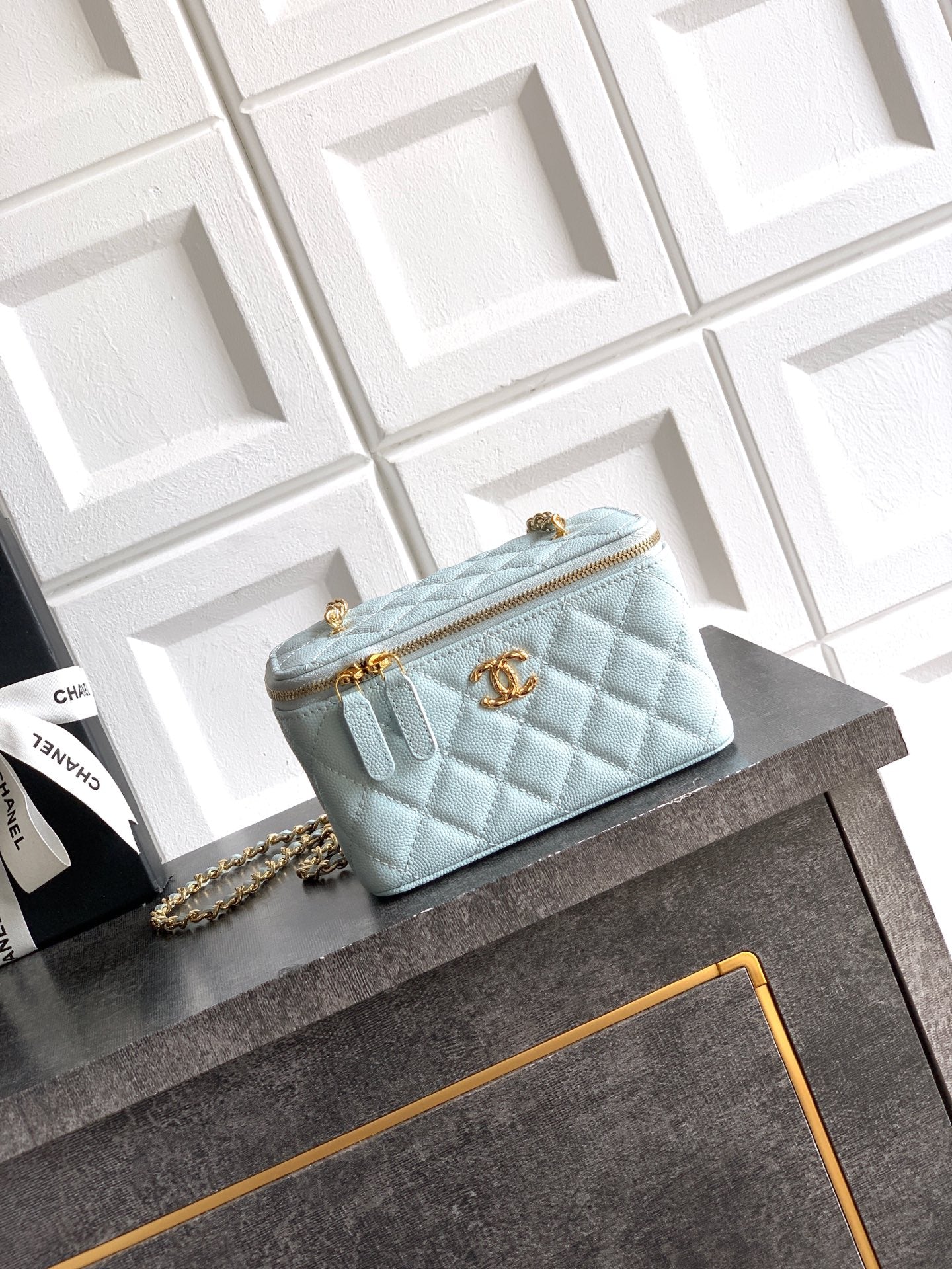 Chanel 26C Cruise Vanity Case with Chain - Quilted Baby Blue Leather Bag (9.5 x 17 x 8 cm)