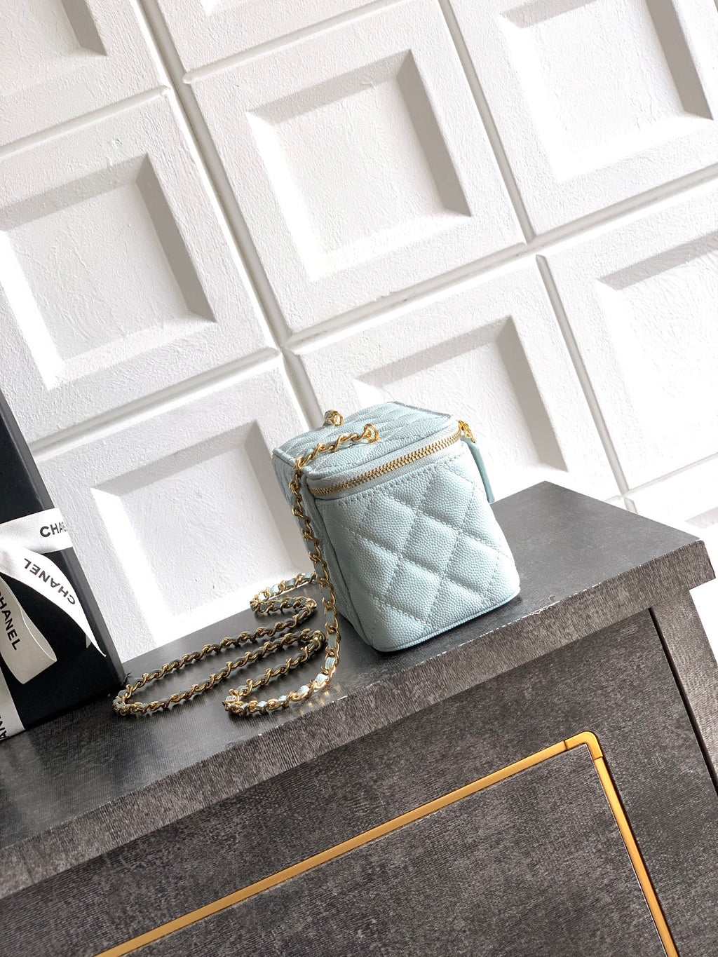 Chanel 26C Cruise Vanity Case with Chain - Quilted Baby Blue Leather Bag (9.5 x 17 x 8 cm)