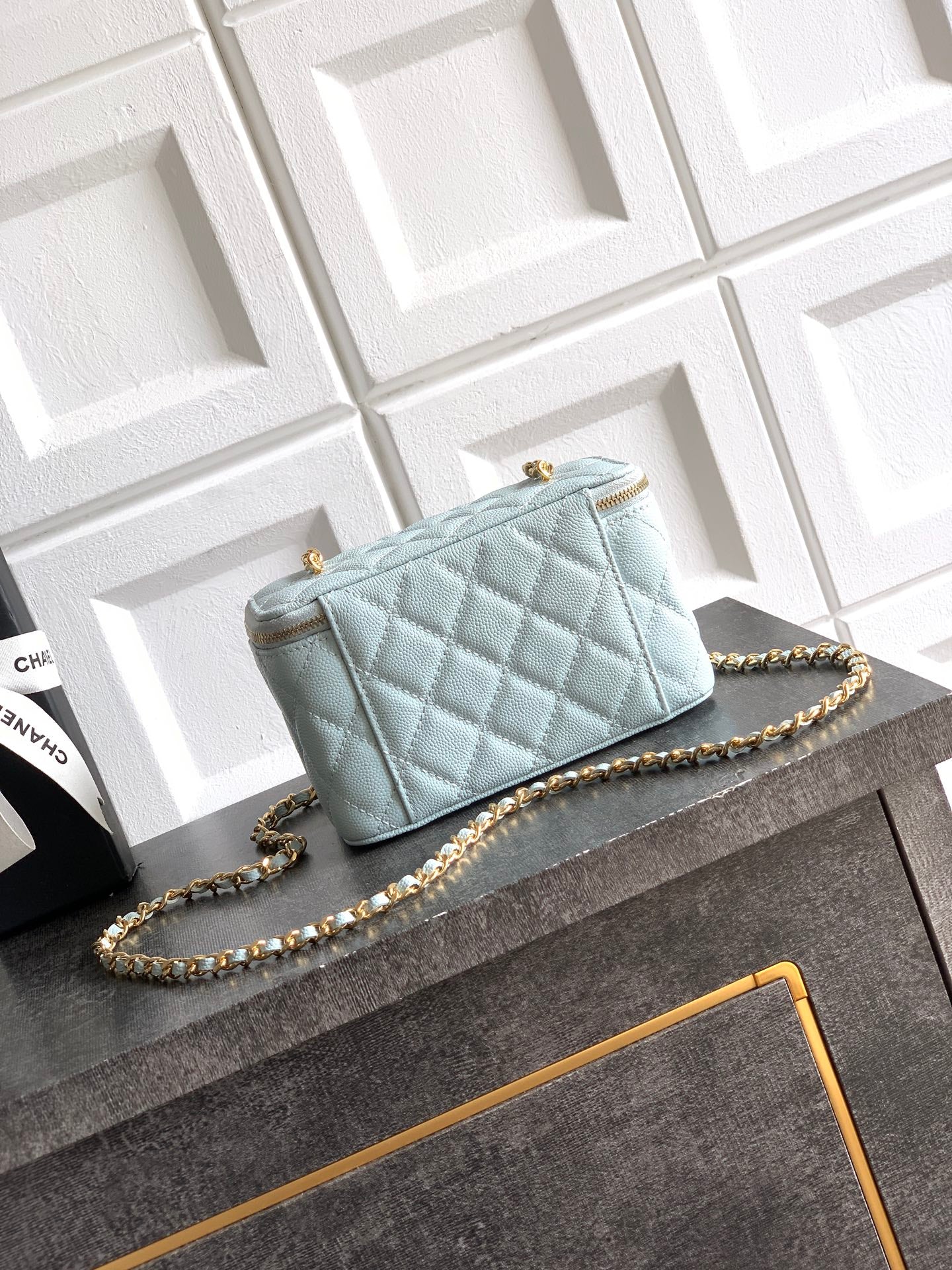 Chanel 26C Cruise Vanity Case with Chain - Quilted Baby Blue Leather Bag (9.5 x 17 x 8 cm)