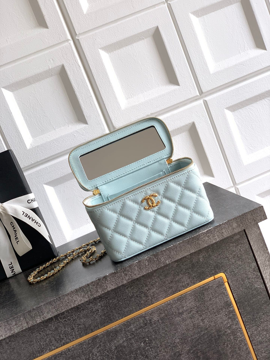 Chanel 26C Cruise Vanity Case with Chain - Quilted Baby Blue Leather Bag (9.5 x 17 x 8 cm)