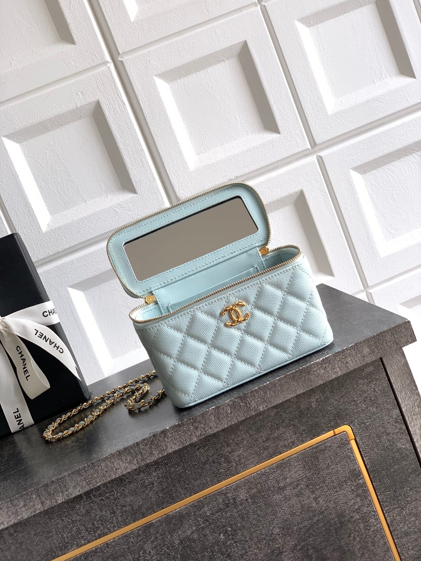 Chanel 26C Cruise Vanity Case with Chain - Quilted Baby Blue Leather Bag (9.5 x 17 x 8 cm)