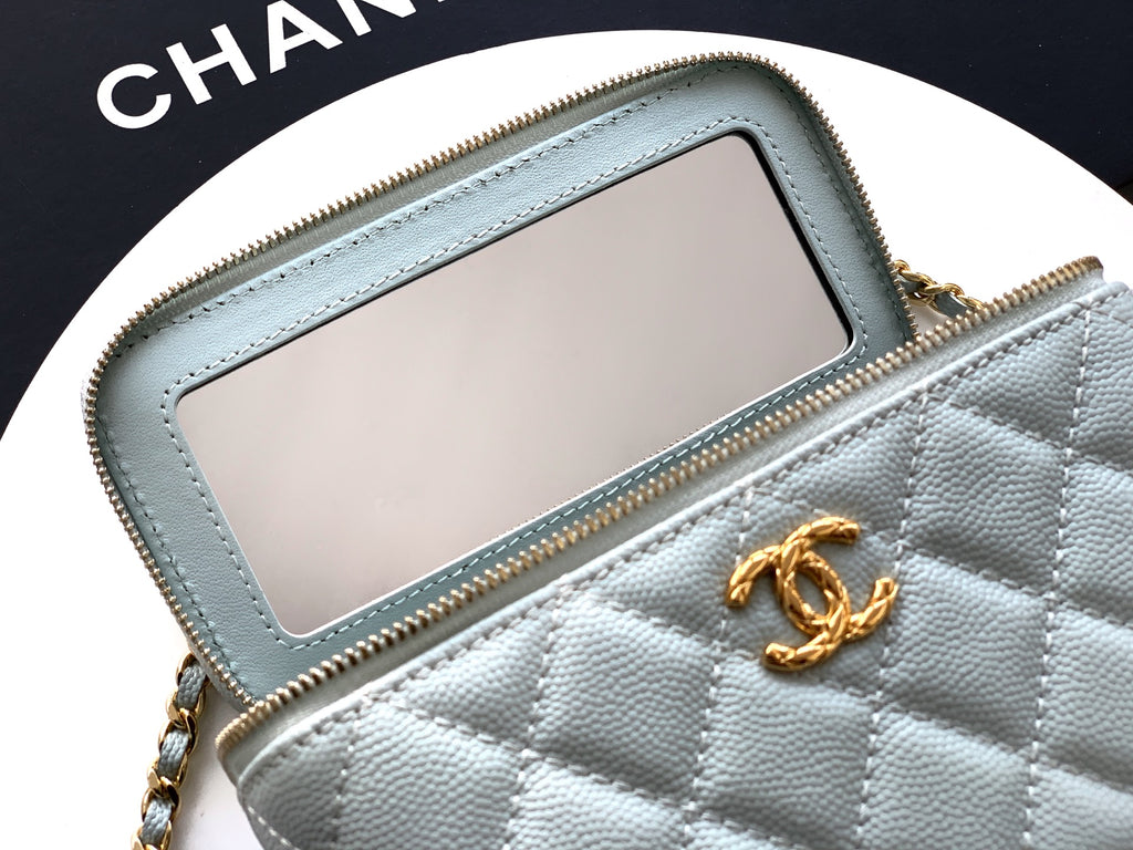 Chanel 26C Cruise Vanity Case with Chain - Quilted Baby Blue Leather Bag (9.5 x 17 x 8 cm)