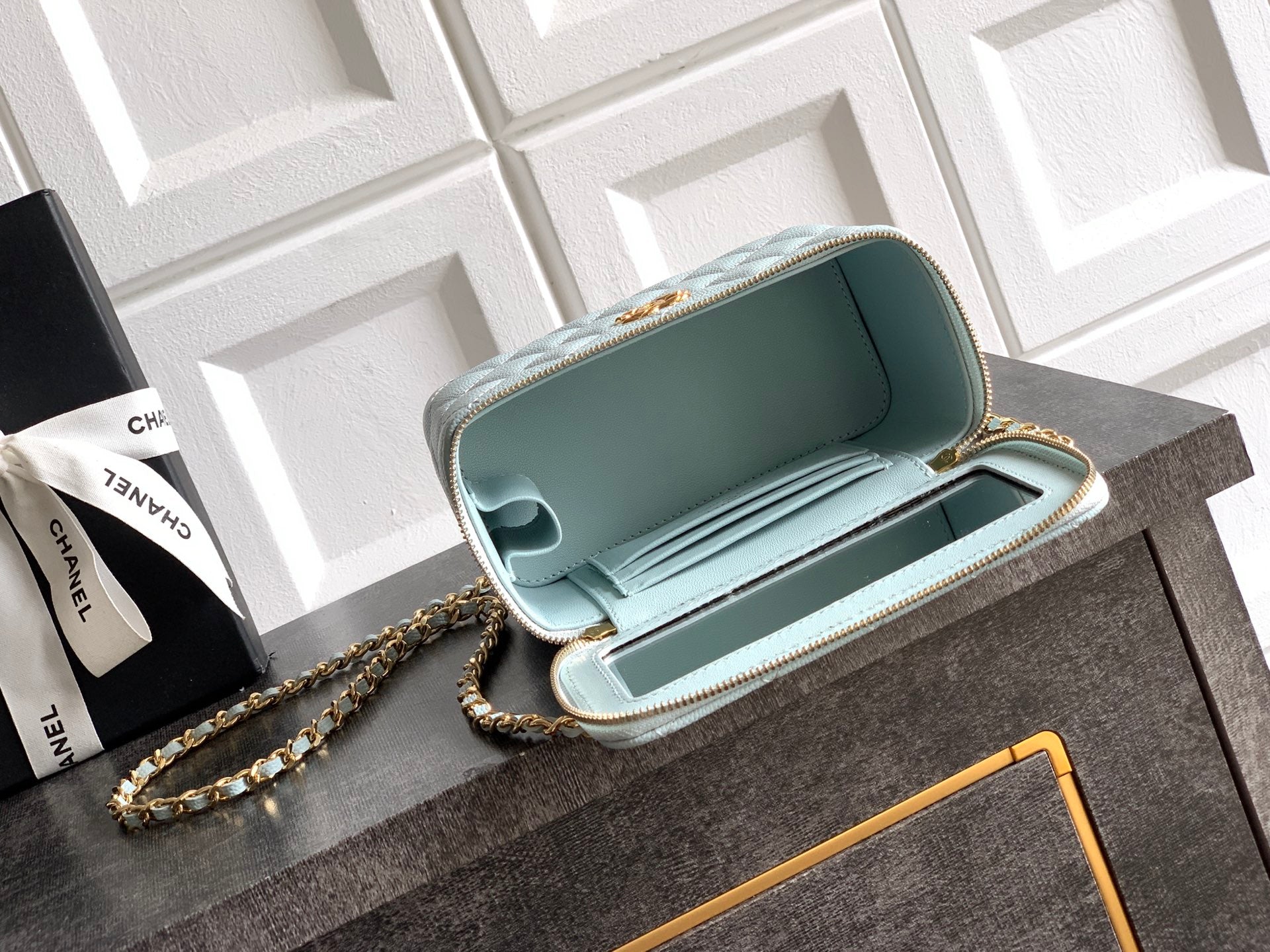 Chanel 26C Cruise Vanity Case with Chain - Quilted Baby Blue Leather Bag (9.5 x 17 x 8 cm)