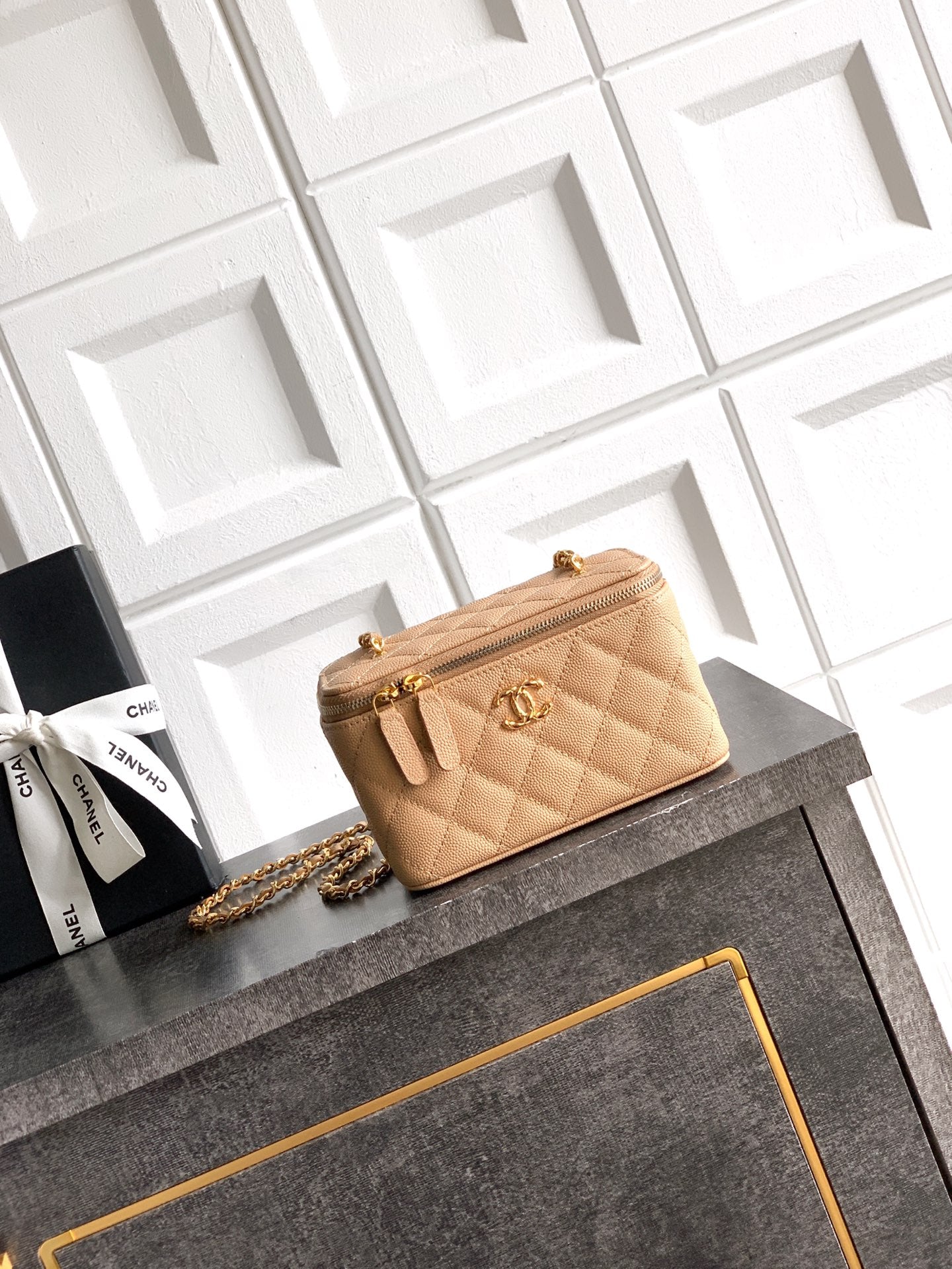 Chanel 26C Cruise Vanity Case with Chain - Quilted Khaki Leather Bag (9.5 x 17 x 8 cm)