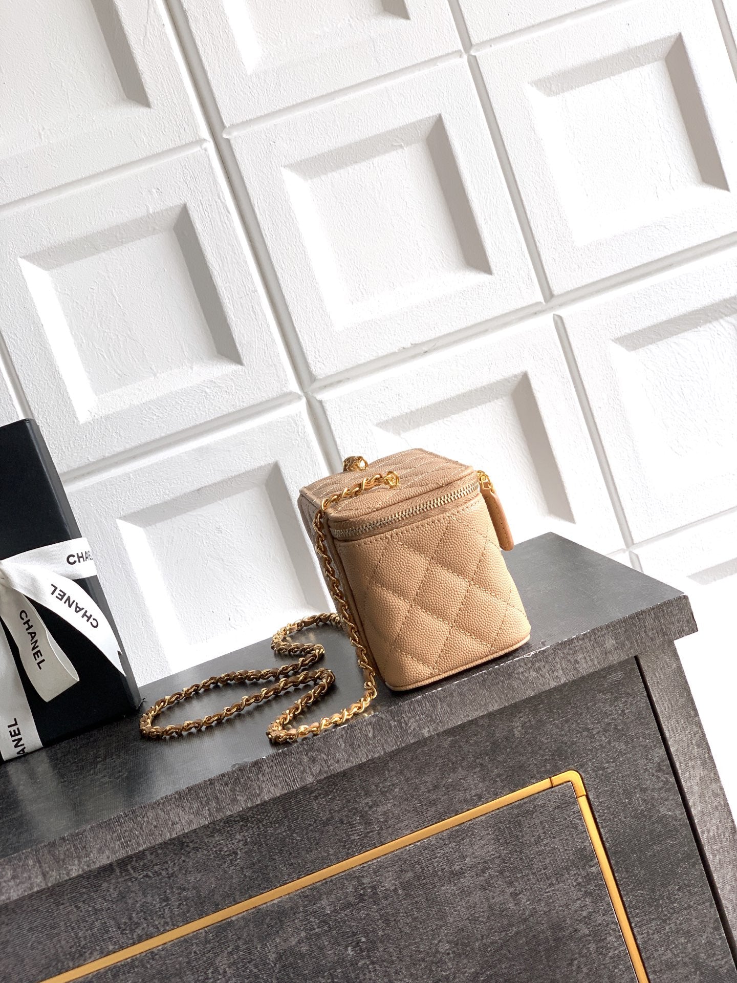 Chanel 26C Cruise Vanity Case with Chain - Quilted Khaki Leather Bag (9.5 x 17 x 8 cm)