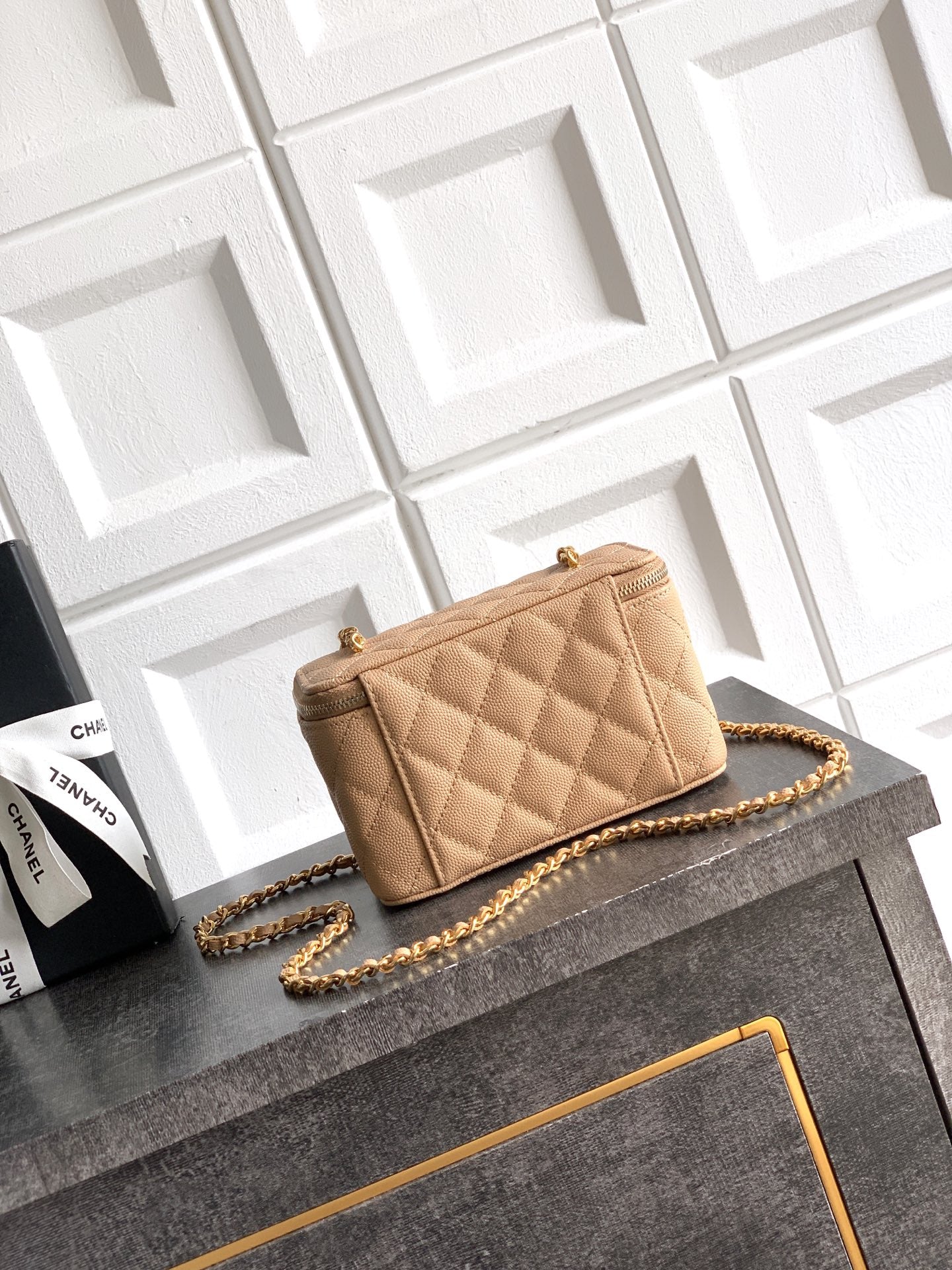 Chanel 26C Cruise Vanity Case with Chain - Quilted Khaki Leather Bag (9.5 x 17 x 8 cm)