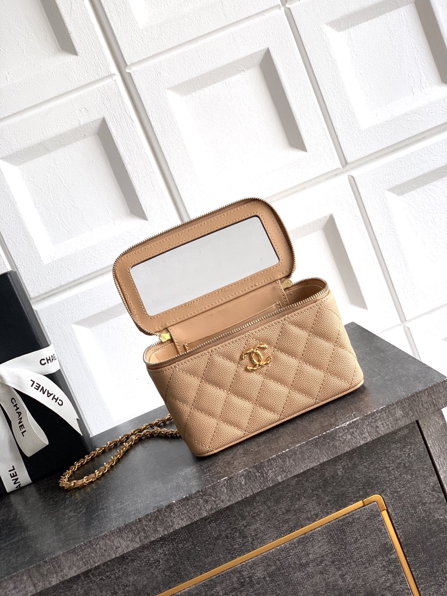 Chanel 26C Cruise Vanity Case with Chain - Quilted Khaki Leather Bag (9.5 x 17 x 8 cm)