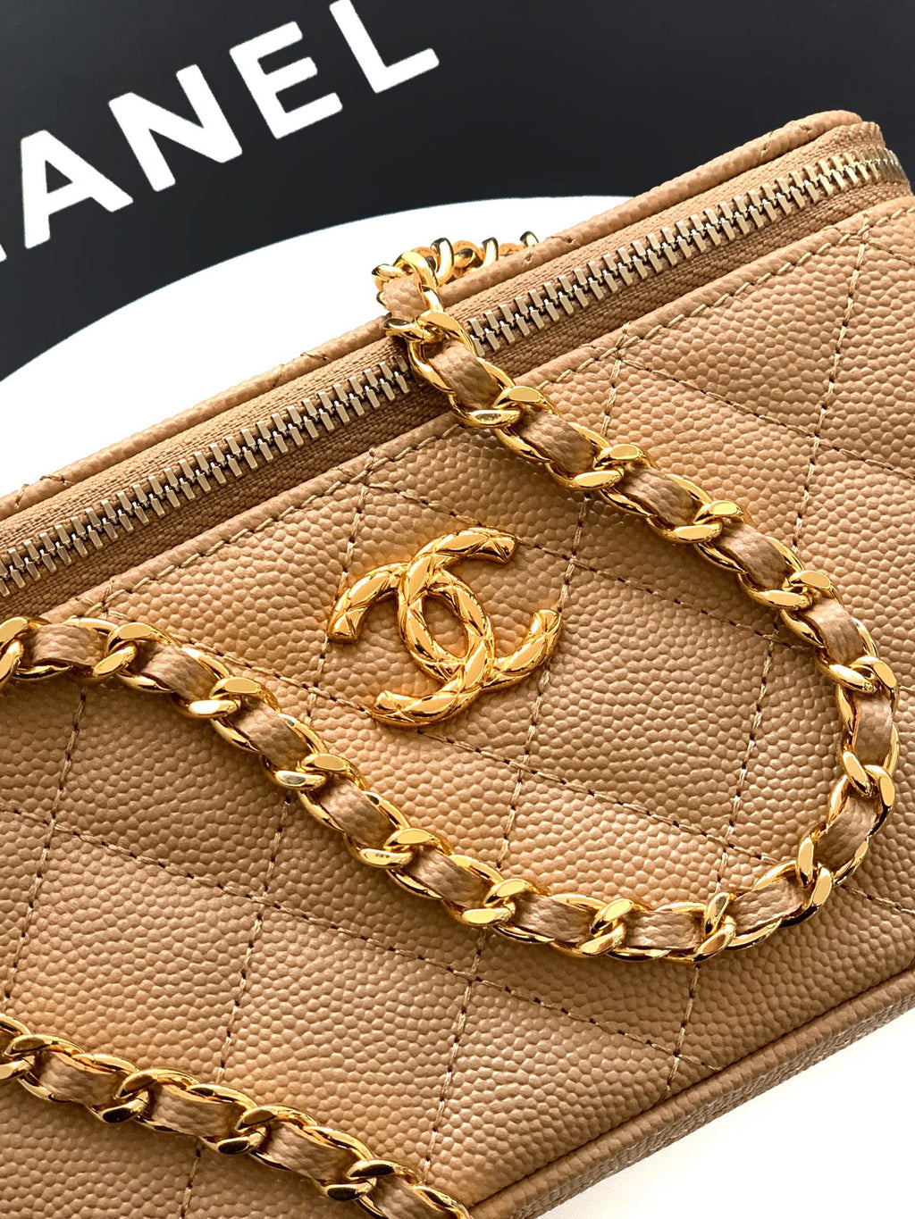 Chanel 26C Cruise Vanity Case with Chain - Quilted Khaki Leather Bag (9.5 x 17 x 8 cm)