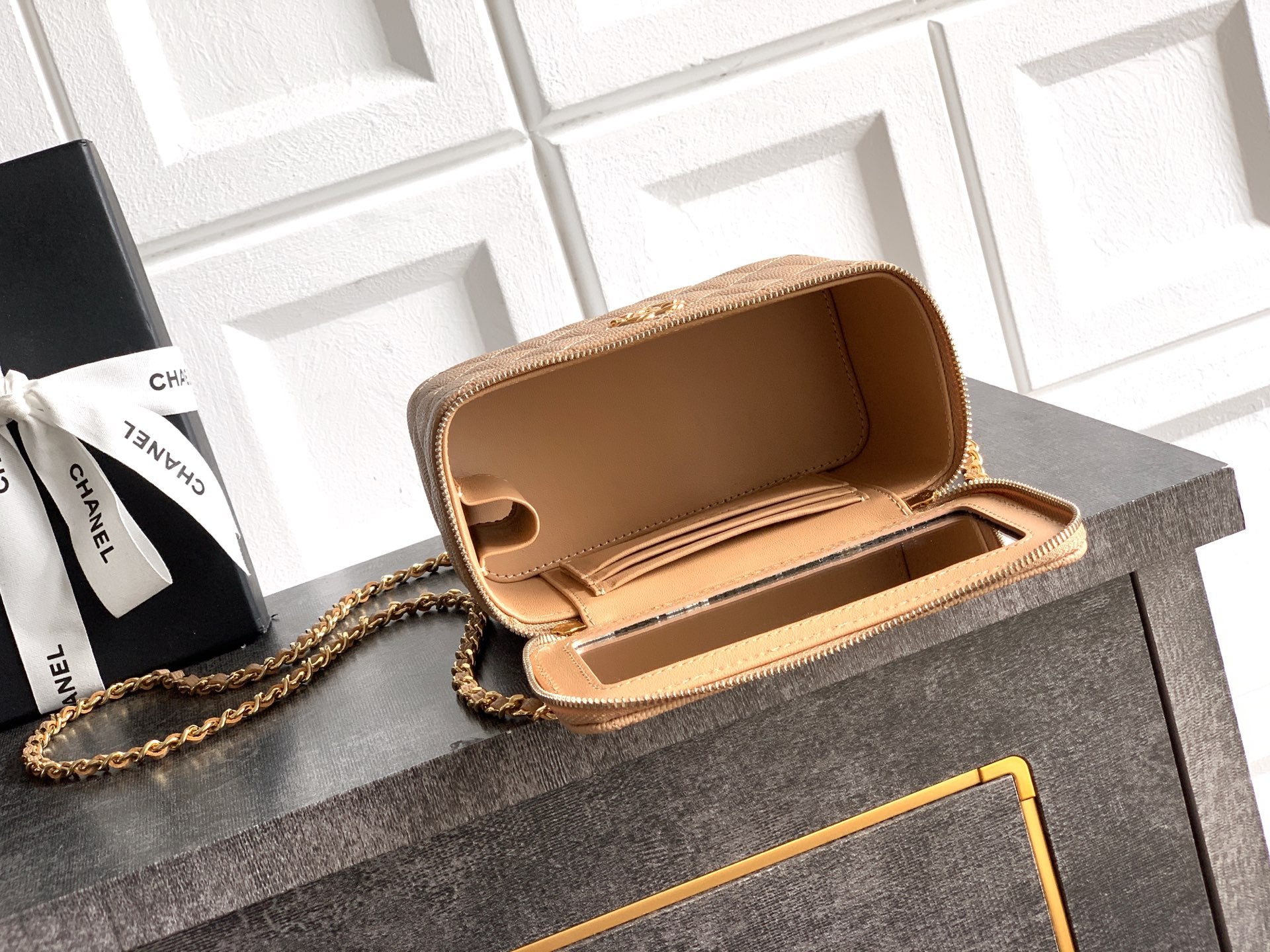 Chanel 26C Cruise Vanity Case with Chain - Quilted Khaki Leather Bag (9.5 x 17 x 8 cm)