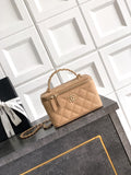 Chanel 26C Cruise Vanity Case - Khaki Quilted Leather with Pearl Handle & Diamond-Inlaid Logo (9.5 x 17 x 8 cm)