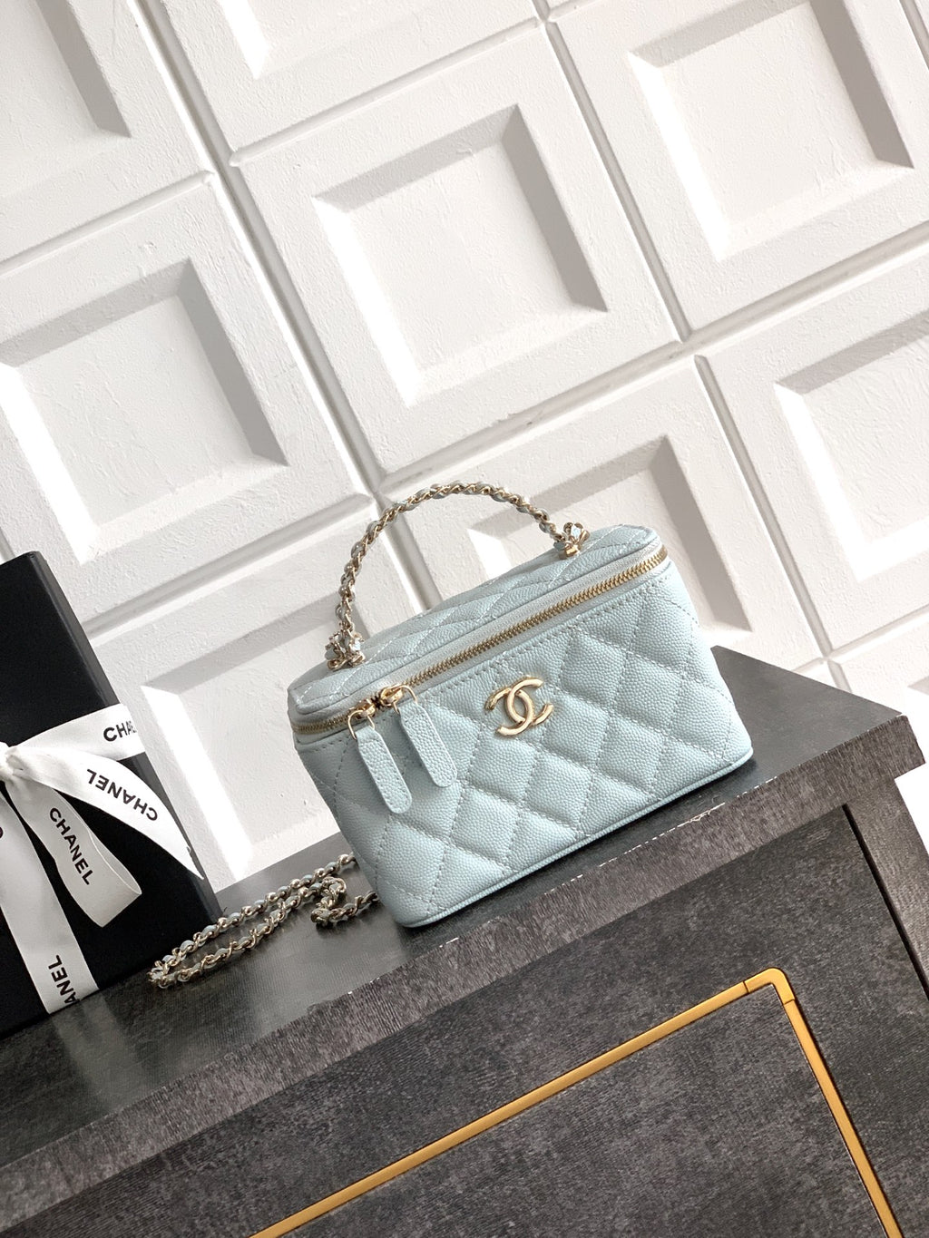 Chanel 26C Cruise Vanity Case - Baby Blue Quilted Leather with Pearl Handle & Diamond-Inlaid Logo (9.5 x 17 x 8 cm)
