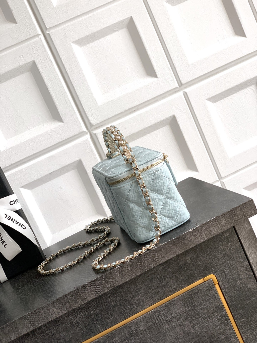 Chanel 26C Cruise Vanity Case - Baby Blue Quilted Leather with Pearl Handle & Diamond-Inlaid Logo (9.5 x 17 x 8 cm)