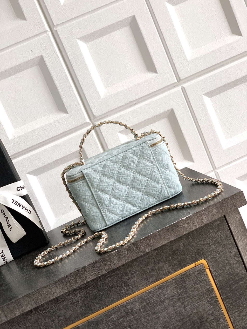 Chanel 26C Cruise Vanity Case - Baby Blue Quilted Leather with Pearl Handle & Diamond-Inlaid Logo (9.5 x 17 x 8 cm)