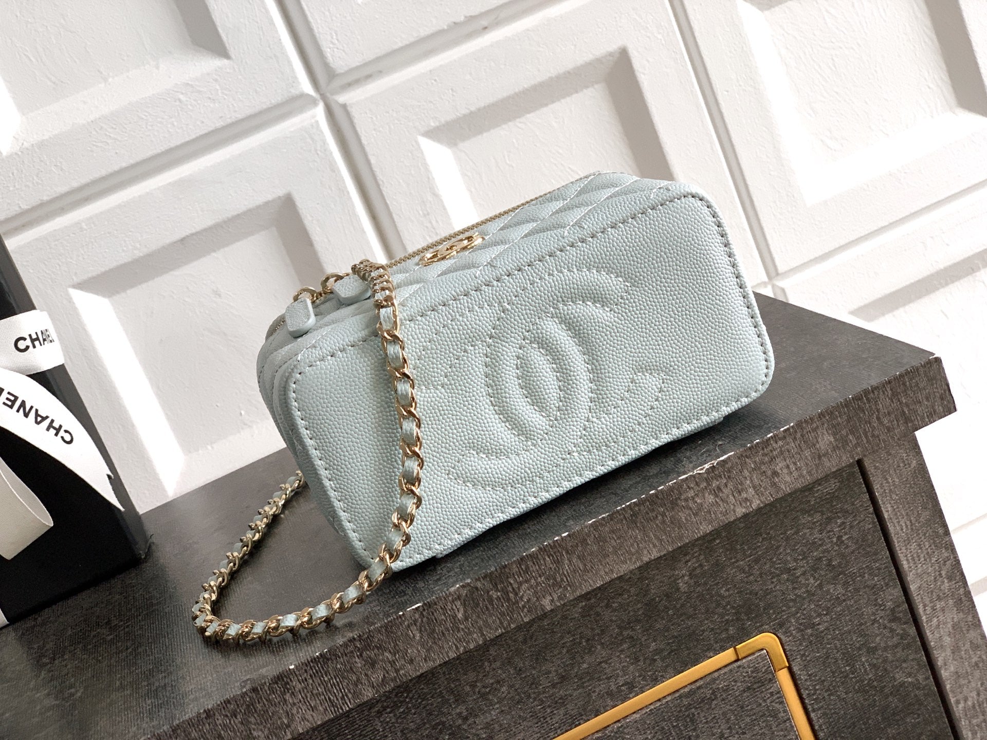 Chanel 26C Cruise Vanity Case - Baby Blue Quilted Leather with Pearl Handle & Diamond-Inlaid Logo (9.5 x 17 x 8 cm)