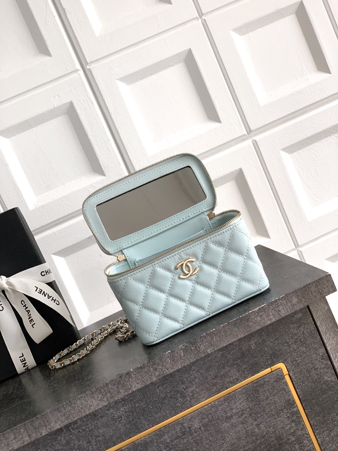 Chanel 26C Cruise Vanity Case - Baby Blue Quilted Leather with Pearl Handle & Diamond-Inlaid Logo (9.5 x 17 x 8 cm)