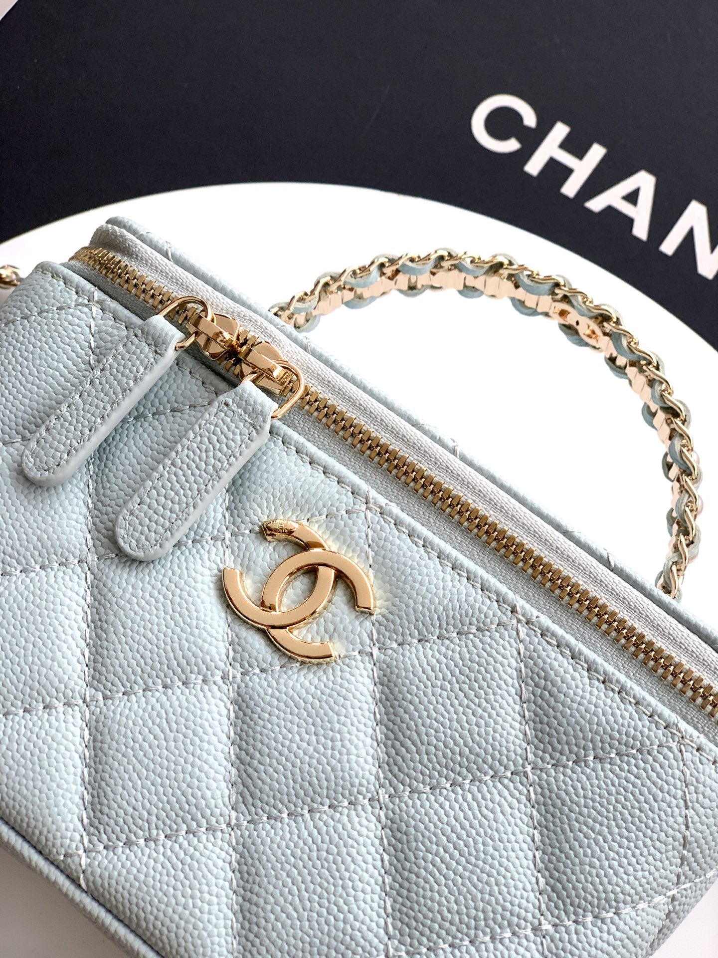 Chanel 26C Cruise Vanity Case - Baby Blue Quilted Leather with Pearl Handle & Diamond-Inlaid Logo (9.5 x 17 x 8 cm)