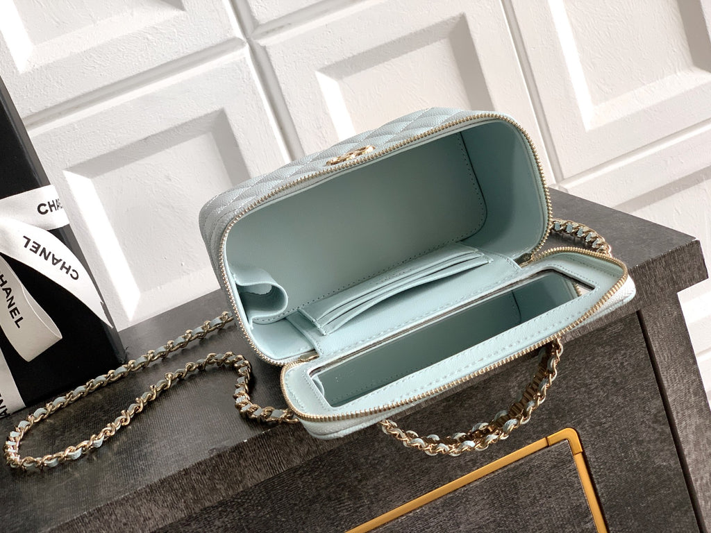 Chanel 26C Cruise Vanity Case - Baby Blue Quilted Leather with Pearl Handle & Diamond-Inlaid Logo (9.5 x 17 x 8 cm)