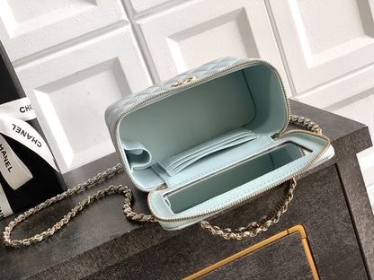 Chanel 26C Cruise Vanity Case - Baby Blue Quilted Leather with Pearl Handle & Diamond-Inlaid Logo (9.5 x 17 x 8 cm)